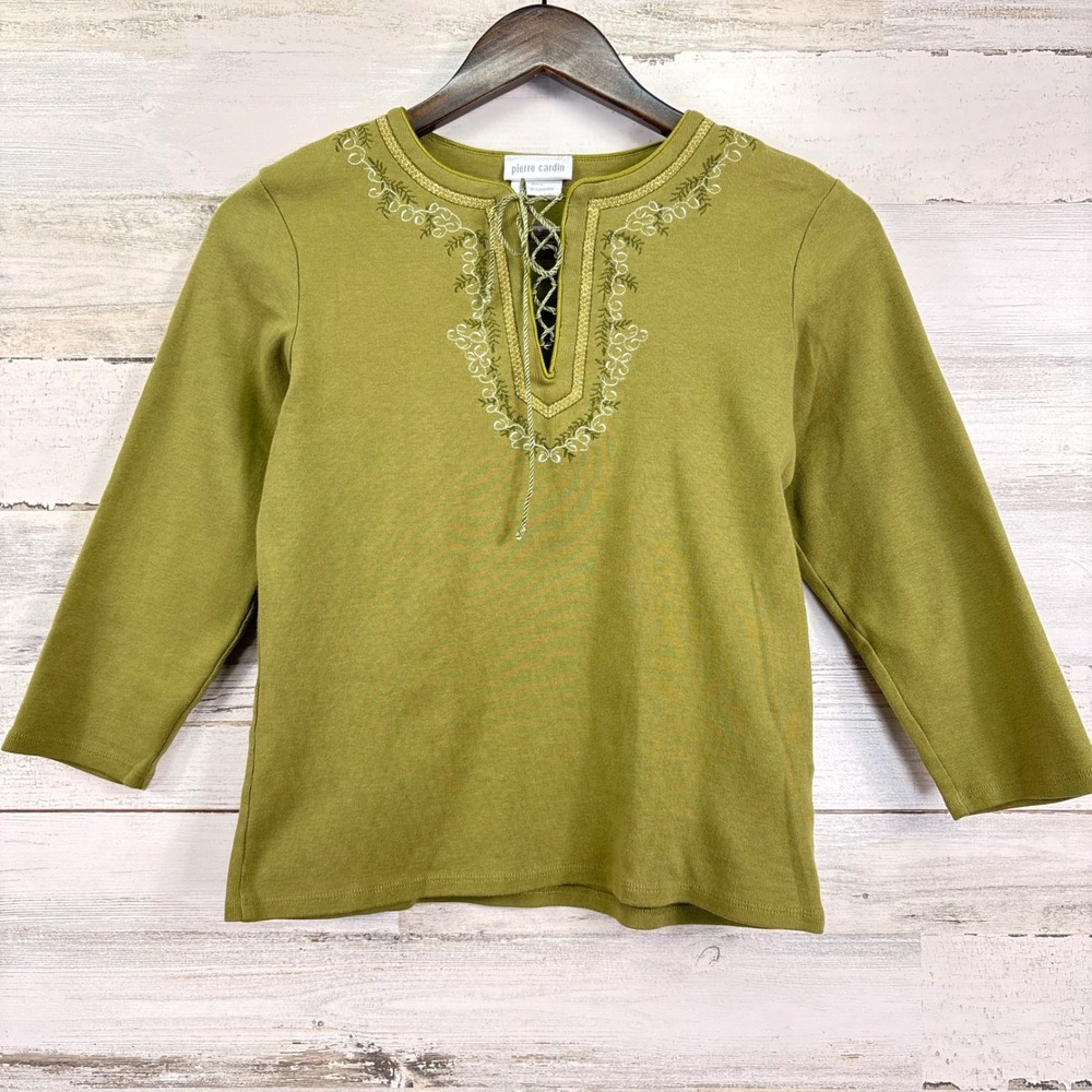 Pierre Cardin Olive Green Embroidered Lace Up Neck 3/4 Sleeve Top Boho Size S